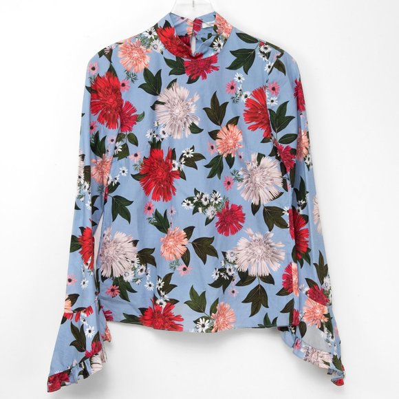 ERDEM Lindsey Blouse Floral Mock Neck Top 100% Cotton Multicolor Blue Size 4 - Picture 1 of 9